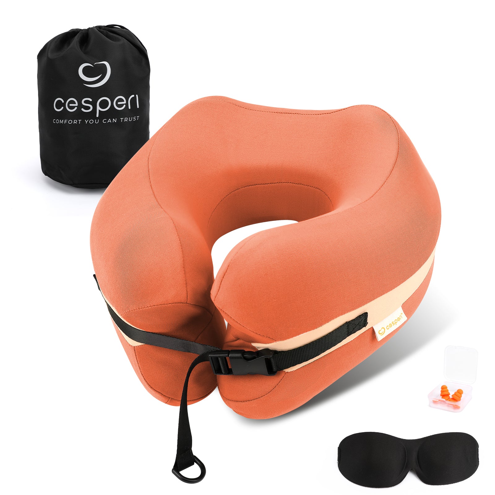 Cesperi Travel Neck Pillow Premium Memory Foam Head Neck Support for Petite Women. Airplane Travel Kit with Contoured Eye Mask Earplug and Travel