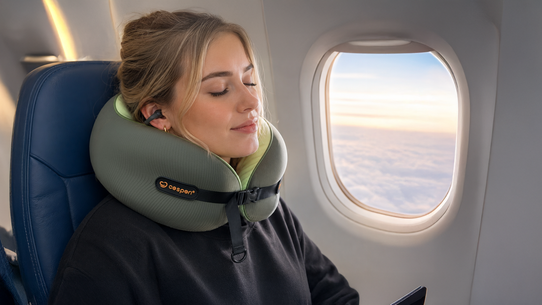 Woman resting comfortably in an airplane window seat wearing a Cesperi travel pillow on a long-haul flight