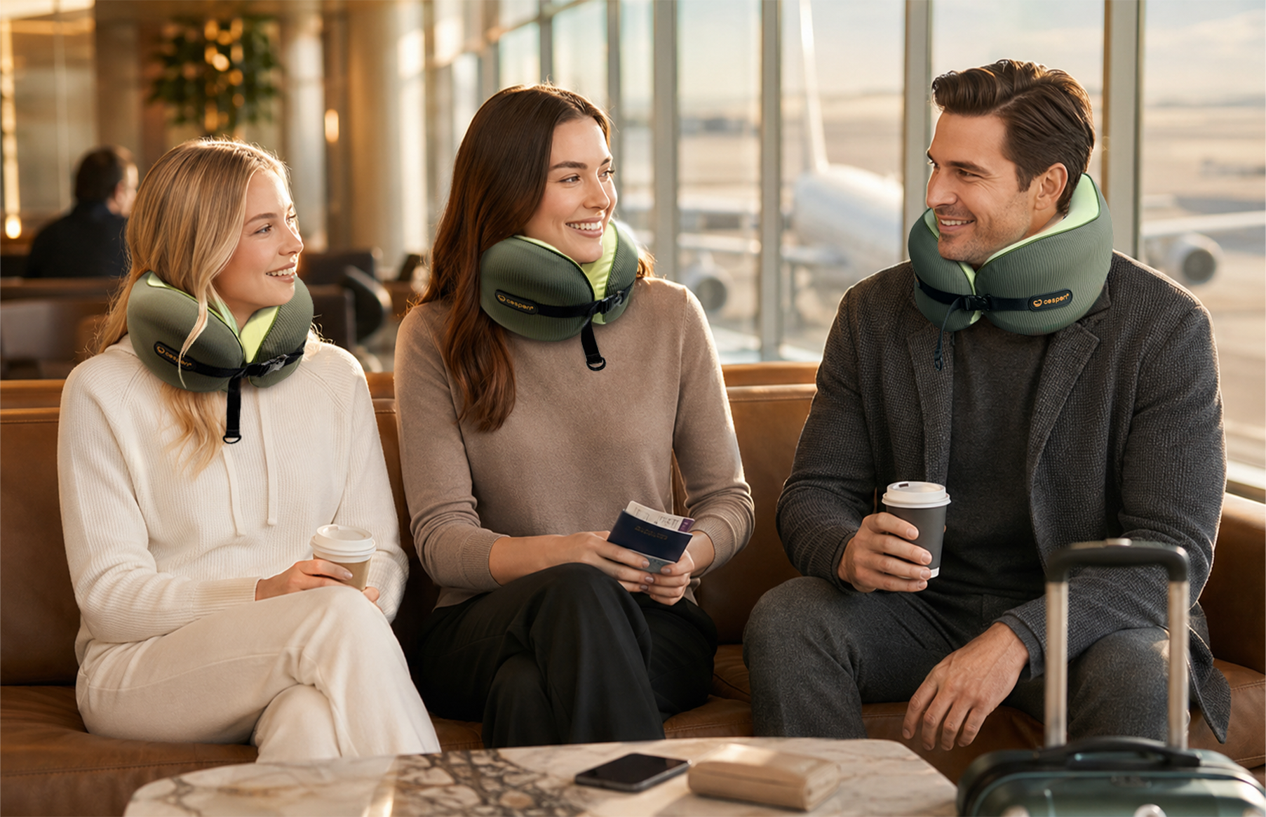 Three people sitting in an airport lounge using green travel neck pillows.